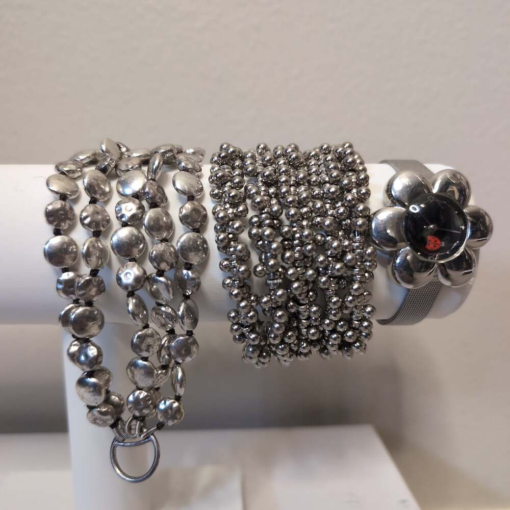 Silver-Tone Watch and Beaded Bracelet Set